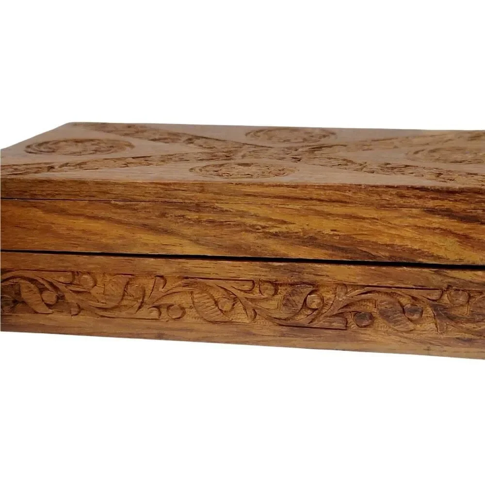Hand Carved Wooden Box Flowers Trinket Jewelry‎ Blue Velvet Fabric Lined 8